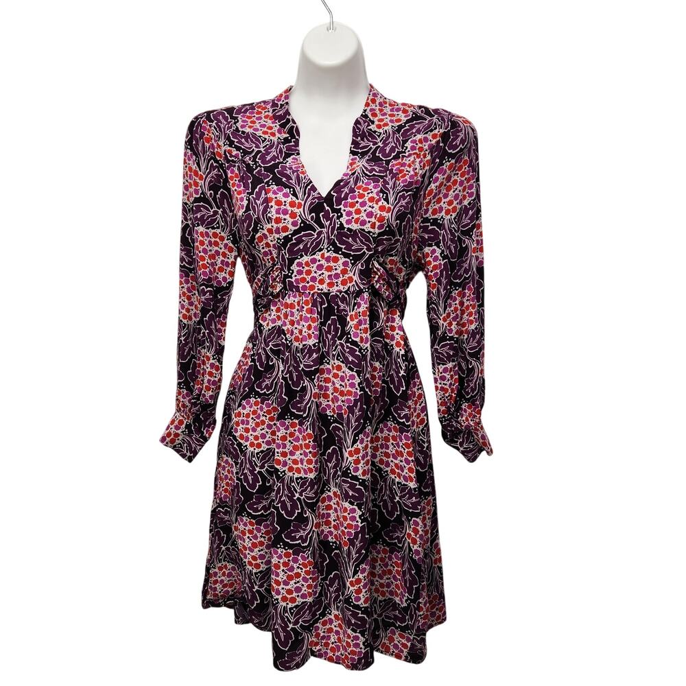 Boden Purple Floral V-Neck Long Sleeve Mini Dress Women's 8
